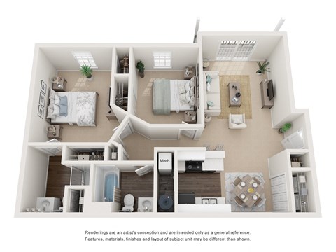 Floor plan for 2 beds, 2 baths, 933 sqft